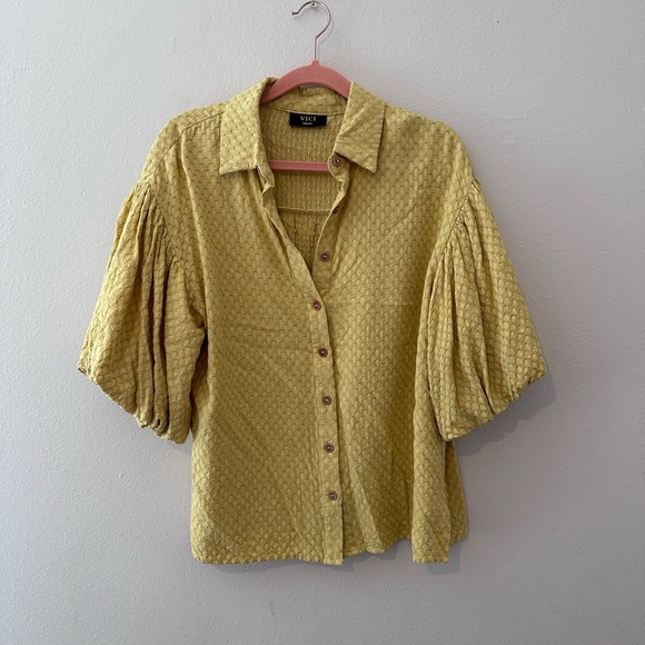 VICI Puff Sleeve, Button Up Blouse in Mustard Yellow - Picture 1 of 3